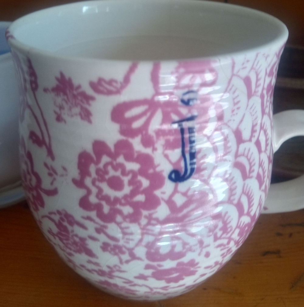 Anthropologie Homegrown Floral Pink and White Ceramic Mug with Blue Monogram J